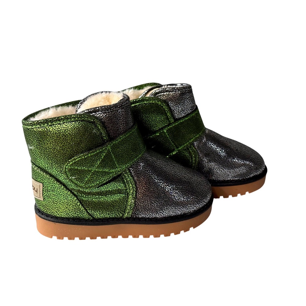 Ld-baby Boys Metallic Green Silver Faux Fur Lined Winter Boots Size 29 EU